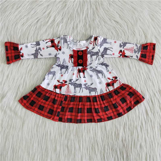 Christmas plaid deer lace long sleeve dress