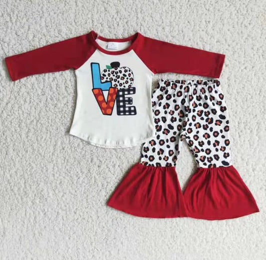 LOVE Letters Long Sleeve Top Red Leopard Flared Pants Boutique Set