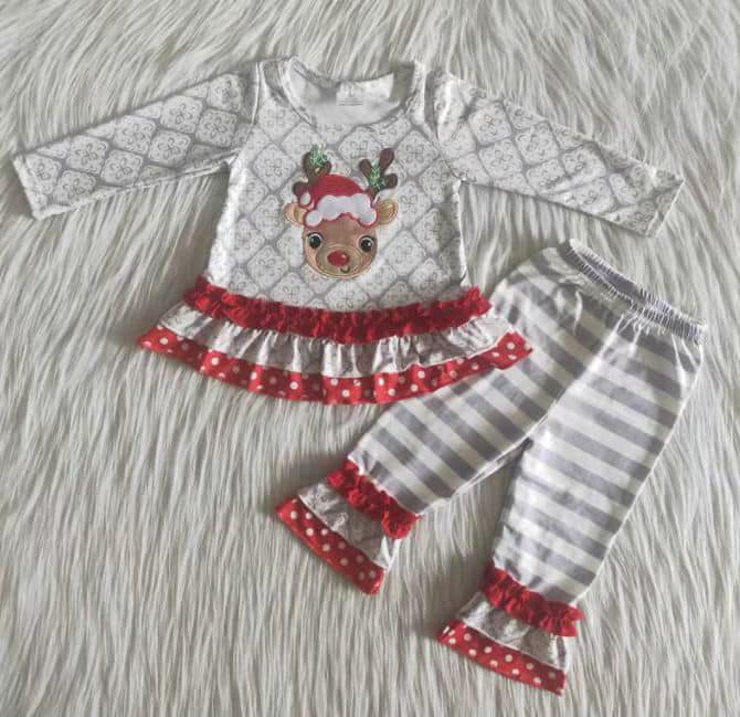 Christmas Embroidered Deer Head Grey and White Striped Red Lace Pants Boutique Set