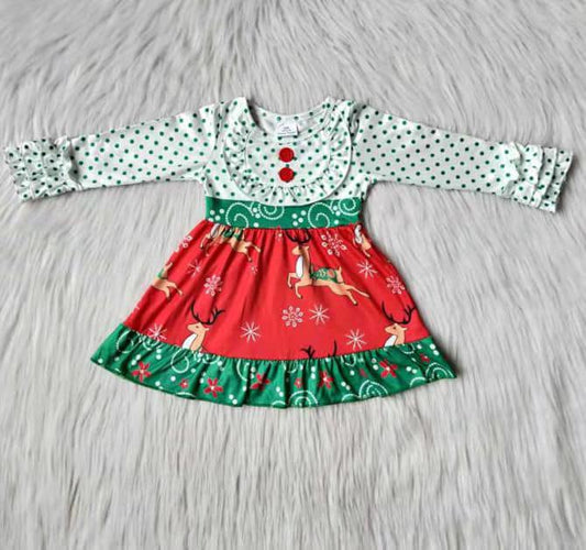 Green Polka Dot Lace Long Sleeve Snowflake Deer Red Dress