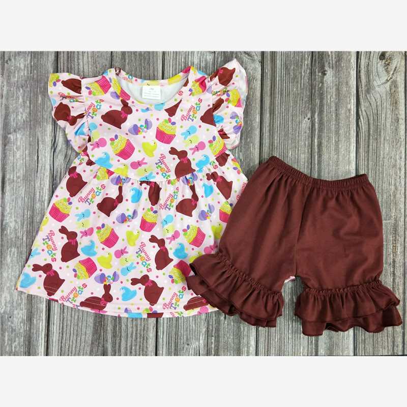 Girls Bunny Short Sleeve Brown Shorts Boutique Set