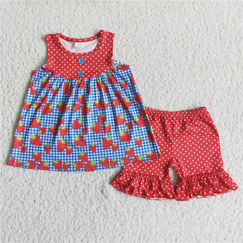 Girls Sleeveless Strawberry Button Shorts Set