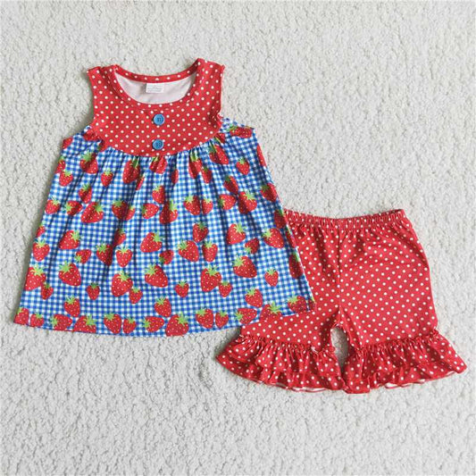 Girls Sleeveless Strawberry Button Shorts Set