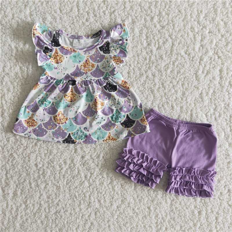 Girls Fish Scale Purple Short Sleeve Shorts Boutique Set