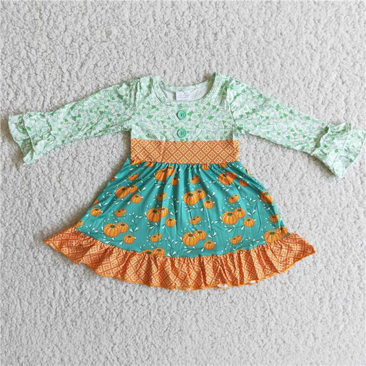 6 A14-26 Patterned Pumpkin Long Sleeve Dresspumkin