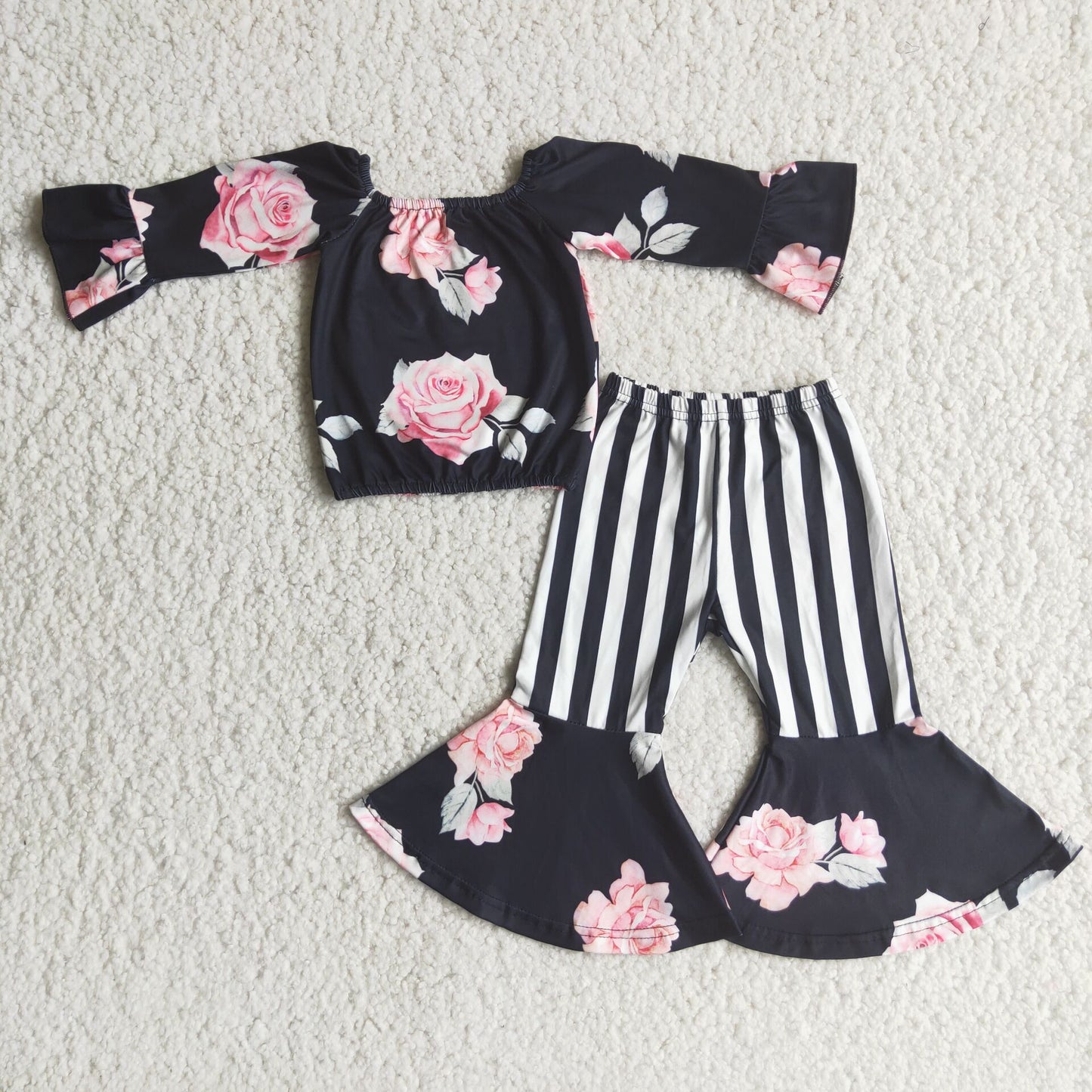 black flowers striped bell bottoms pants set