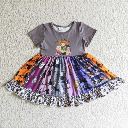 C1-24 Girls Halloween Cartoon Print Short Sleeve Dress