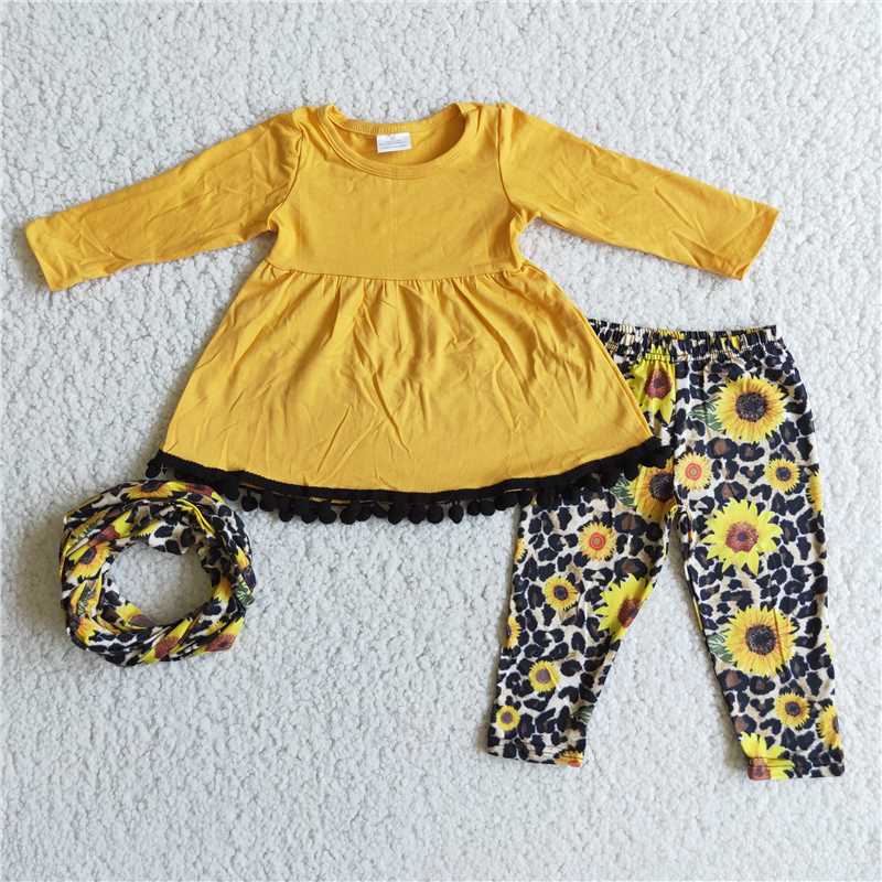 yellow dress top sunflowers pants scarf 3 pcs suit