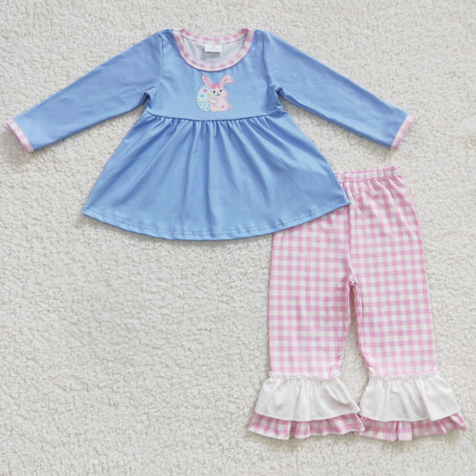 GLP0393 Girls Rabbit Easter Egg Blue Long Sleeve Pink Plaid Pants Set