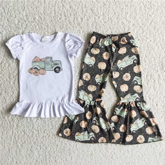 A15-10 Girls Puff Sleeve Pumpkin Car Short Sleeve + Gray Green Trousers Suit