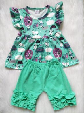 Girls green animal fly sleeve green shorts outfit