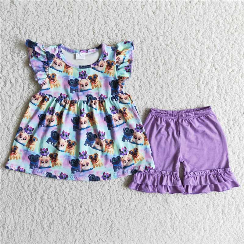 Girls puppy purple fly sleeve purple shorts outfit