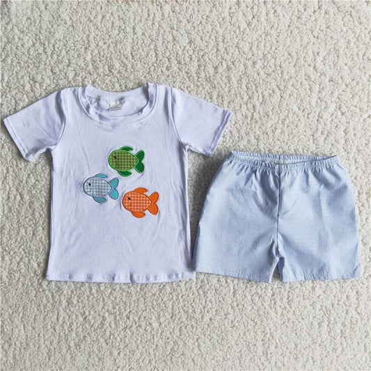 fish embriobery cotton top with shorts