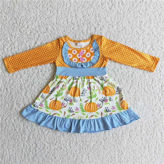Halloween pumpkin yellow polka dots blue lace dress