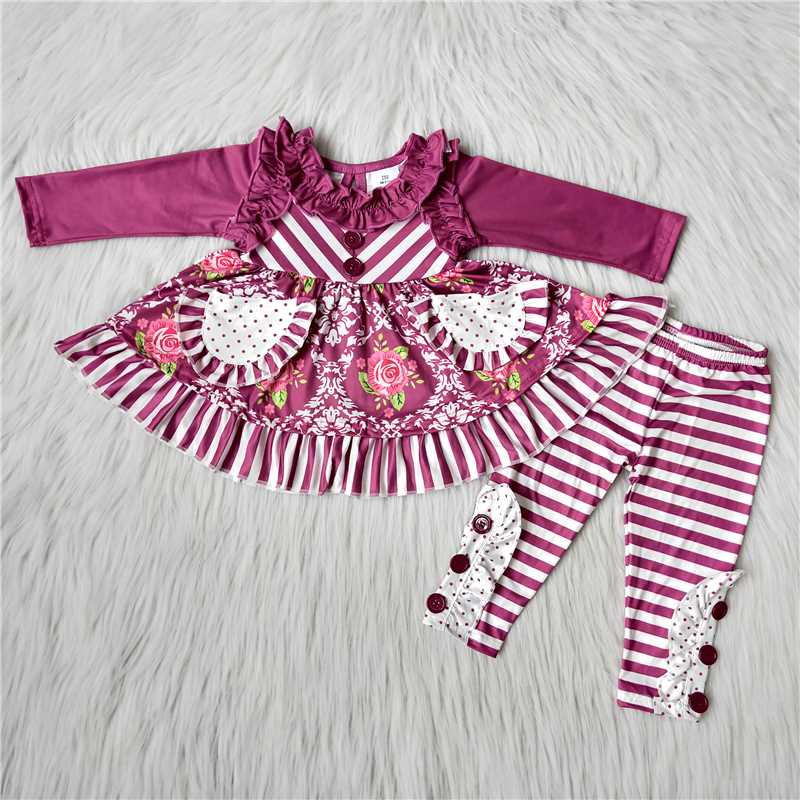 purple flowers pocket dress top striped pants set