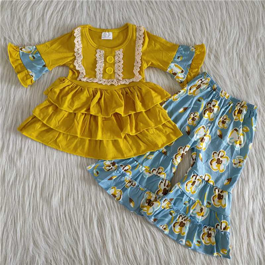 yellow lace dress top three layers flowers pants set