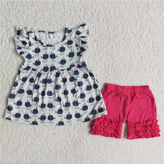 Girls Little Whale Short Sleeve Red Shorts Suit