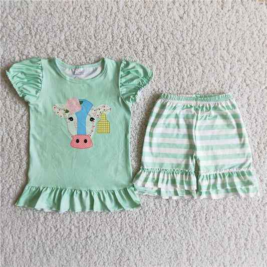 Girls Bull Tau Green Top Striped Shorts Boutique Set