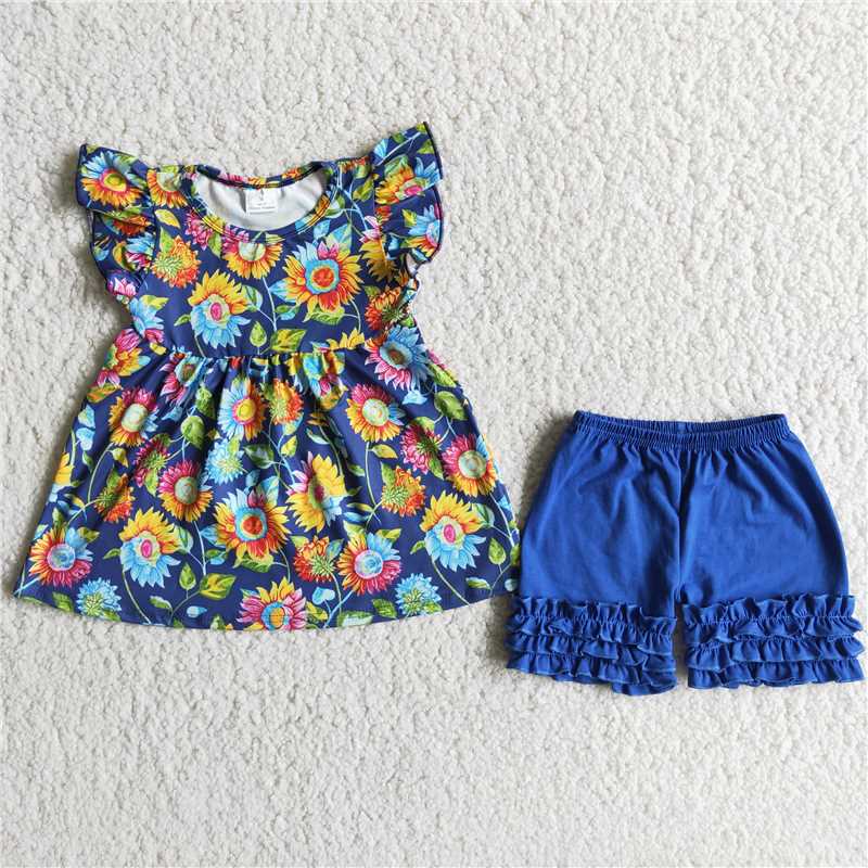 Girls Sunflower Blue Short Sleeve Shorts Boutique Set