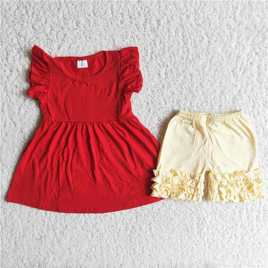 Girls red solid color yellow shorts suit