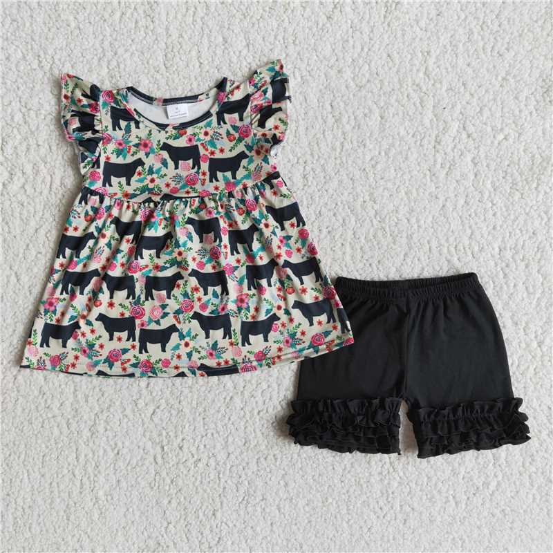 RTS NO MOQ（In Stock）C5-1-3 Cow Black Lace Shorts Set