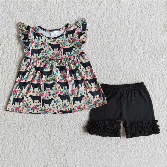 RTS NO MOQ（In Stock）C5-1-3 Cow Black Lace Shorts Set