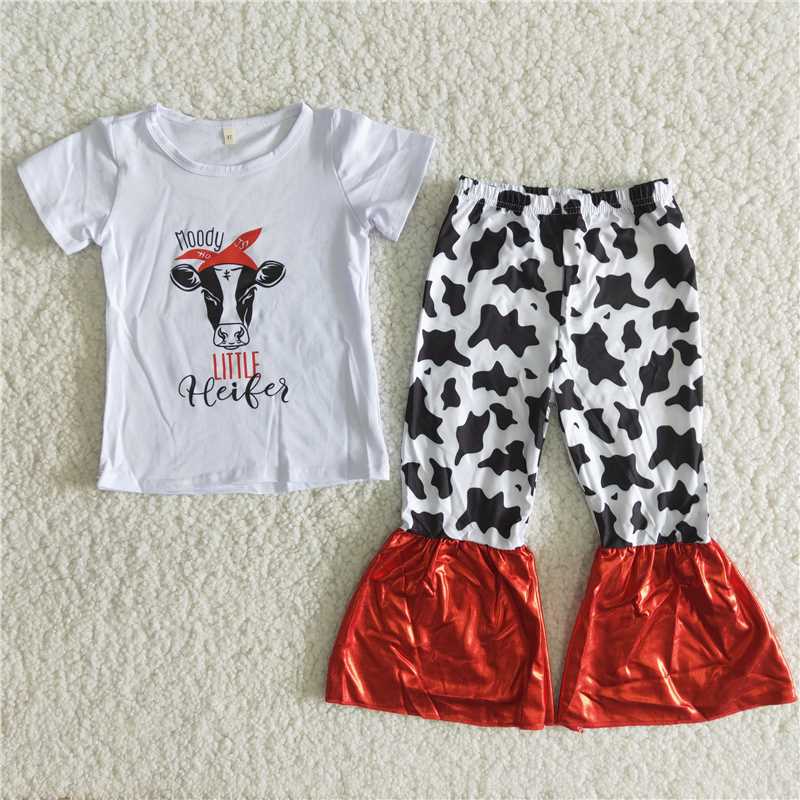 Bull Head Positioning Short Sleeve Cow Print Flared Pants