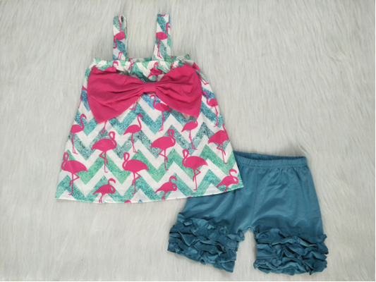 Girls bowknot strap shorts suit