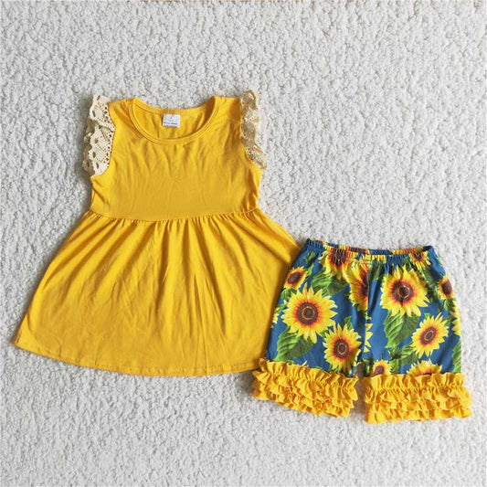 Girls sunflower lace pants suit