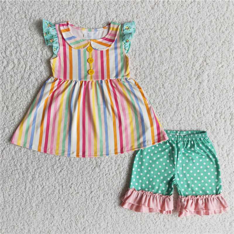 A15-9 Color Striped Green Pants Set