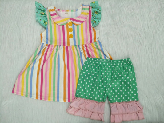 Girls colorful striped green pants suit