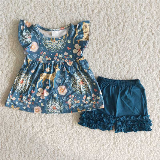 Girls Golden Deer Blue Flying Sleeve Shorts Suit