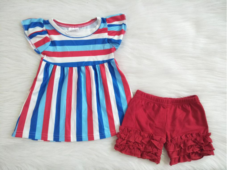 Girls National Day Striped Red Shorts Suit