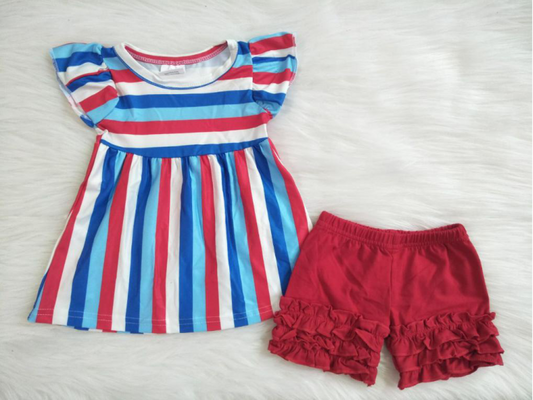 Girls National Day Striped Red Shorts Suit