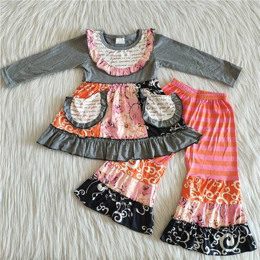 gray pocket round neck children outfit