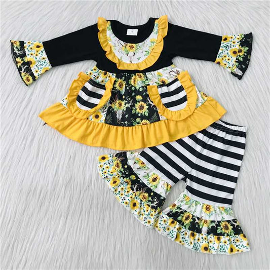 black and yellow pocket round neck children outfit