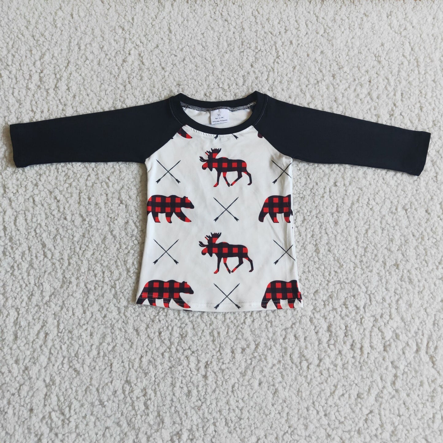 plaid deer design black raglan long sleeve top