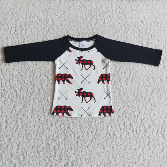 plaid deer design black raglan long sleeve top