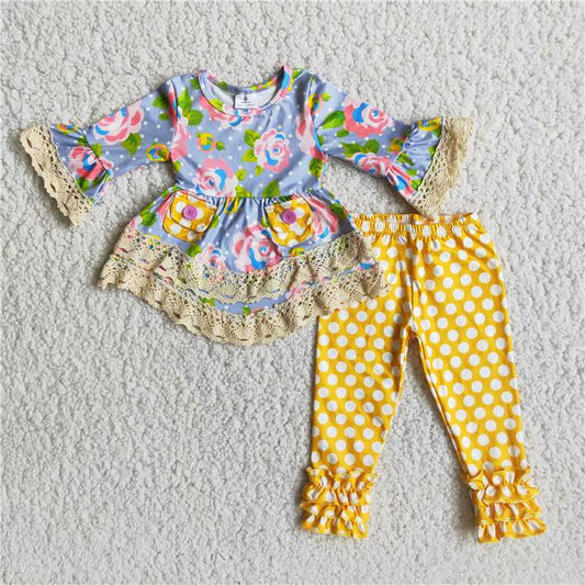 6 A17-12 2 pcs yellow dress lace top with pants girl outfits