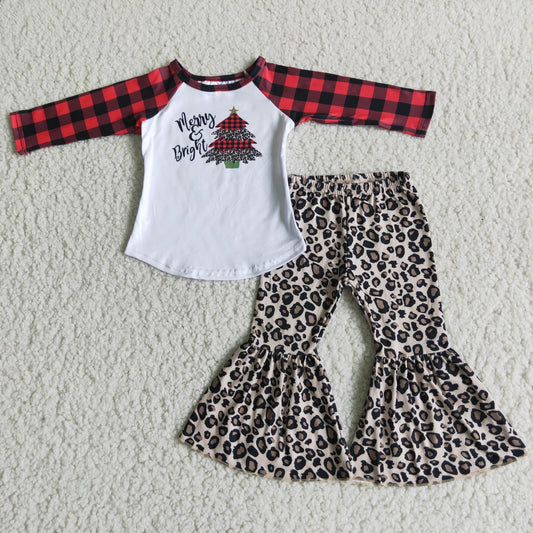 6A25-13 kids clothing Girls Christmas  Long Sleeve Top with Leopard  pants Santa Claus