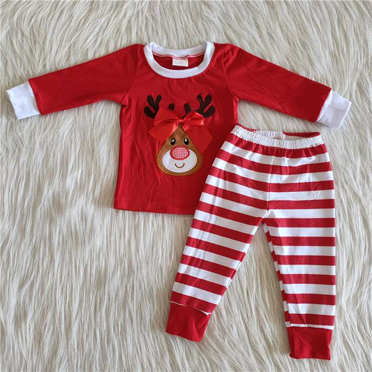 Christmas embroidery deer red long sleeve pants set