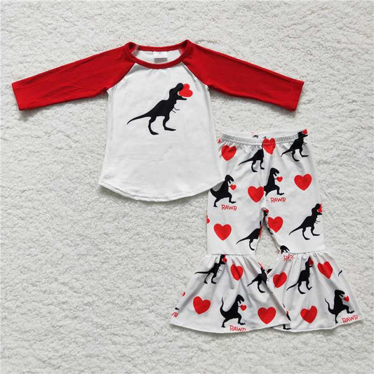 6 A16-12 Girls Outfit Dinosaur Print Trousers Valentine's Day Boutique Set