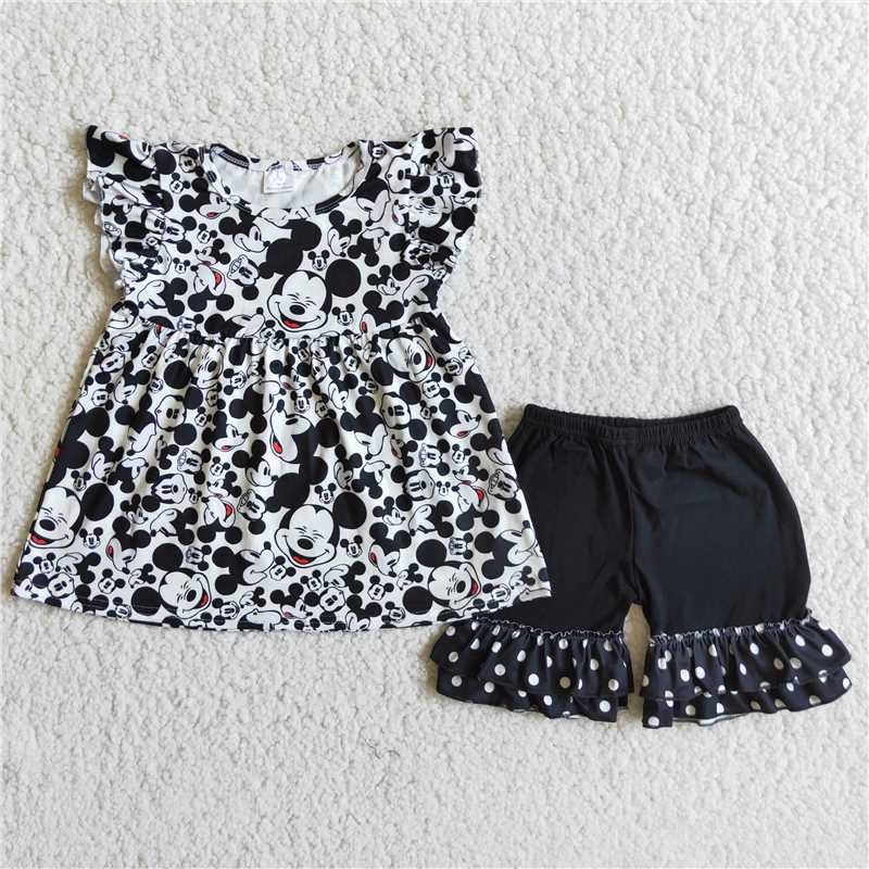 Girls black cartoon little flying sleeve boutique outfit