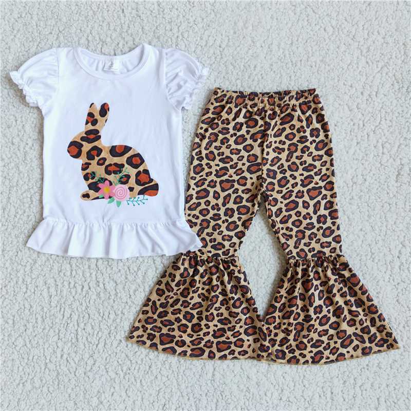 D9-20 Kids Easter Clothing Girls Short Sleeve Top And Long Pants Leopard Print