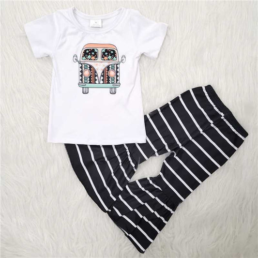 Auto White Short Sleeve Striped Flare Pants