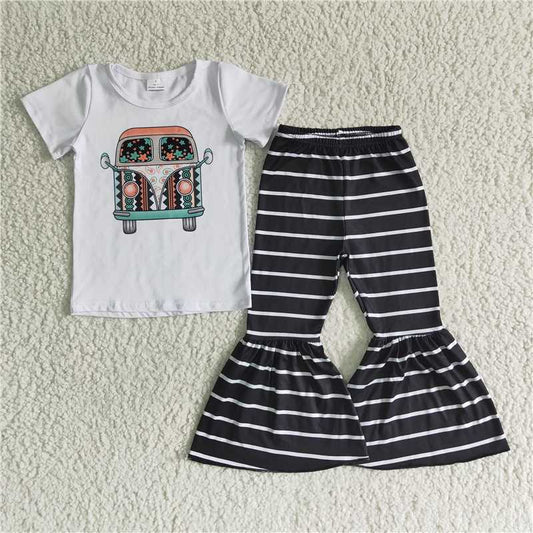 B5-9 Car White Short Sleeve Striped Flare Pants Outfits
