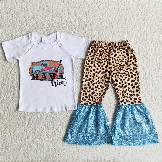 Auto White Short Sleeve Leopard Blue Sequin Pants