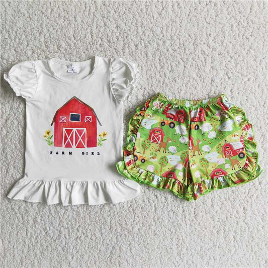 Girls farm white puff sleeve green shorts outfit