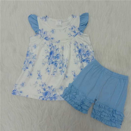 Girls Little Flying Sleeve Blue Flower Shorts Outfit