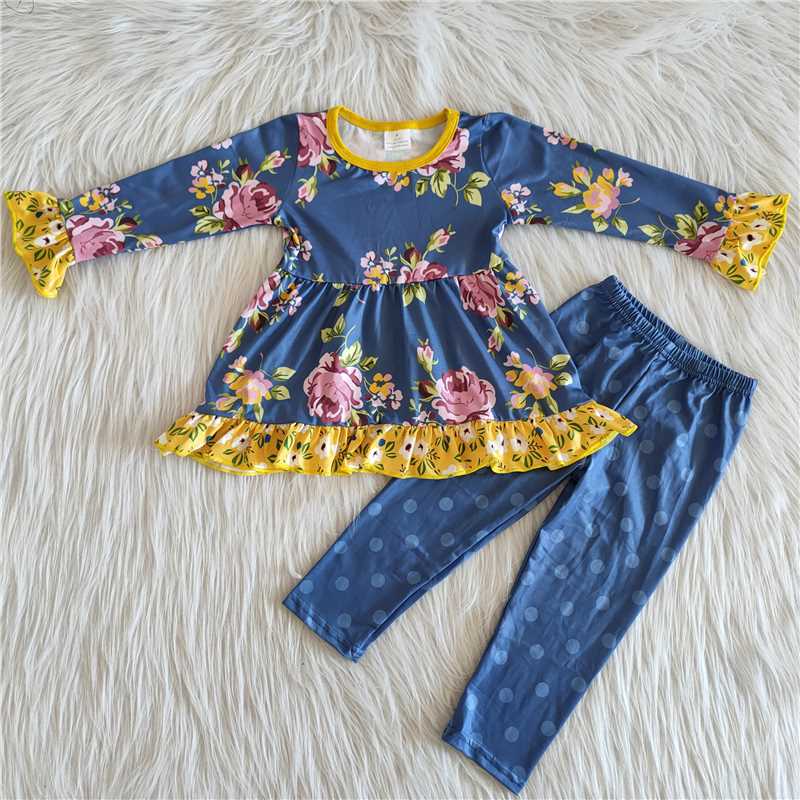 navy blue flowers pants girl set